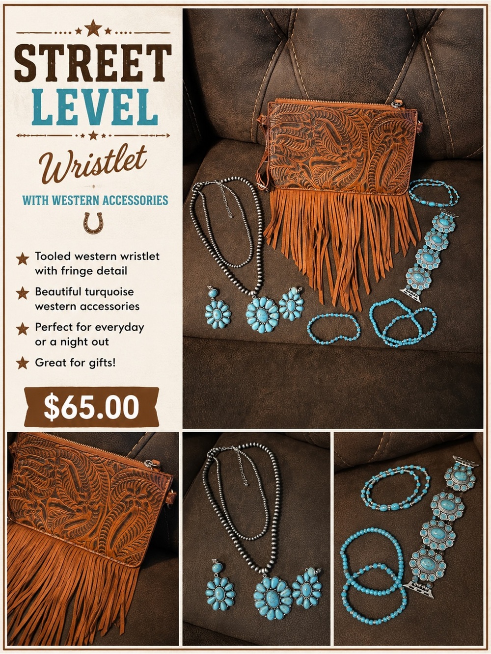 Street Level Brown Tooled Fringe Wristlet with Turquoise Accents